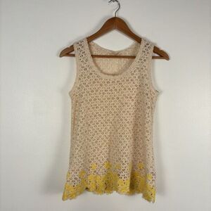 Mystree Womens Small Cream Yellow Crocheted Embroidered Open Knit Tank Top Shirt